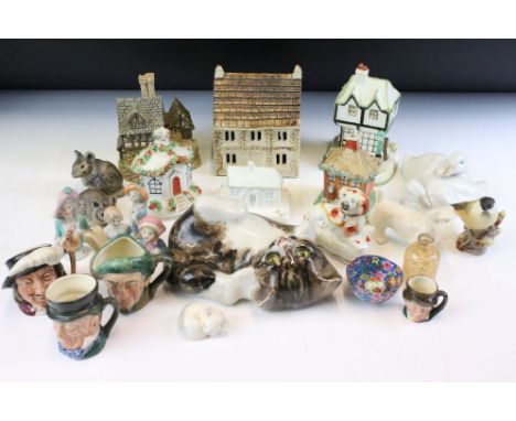 Assorted 20th Century ceramics to include Nao duck, Staffordshire houses, four Royal Doulton character jug, two Poole mice, p