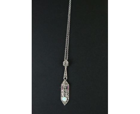 A silver CZ marcasite and ruby art deco style pendant necklace. 