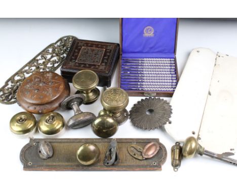 A small collection of door furniture to include door knobs, push plates...etc.. together with light switch, and three wooden 