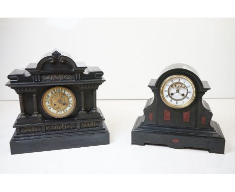 Two Victorian black slate mantle clocks to include an example of architectural design with Corinthian column details (largest