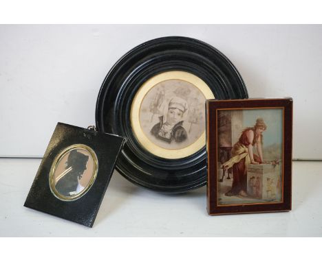 A fine antique pen and ink miniature of a Tudor child (approx 9.5cm dimeter), together with a silhouette portrait and a portr