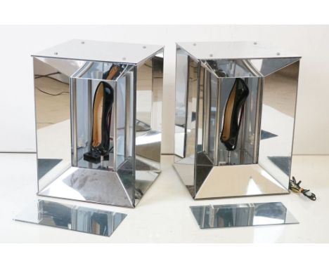 Christian Louboutin - Pair of Shop Display Chrome and Glass Mirrored Display Stands, each housing an over-stylised shoe with 