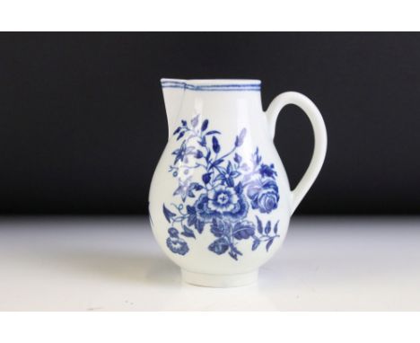 First Period Worcester - 18th Century porcelain sparrow beak jug having blue underglazed print design in the three flowers pa