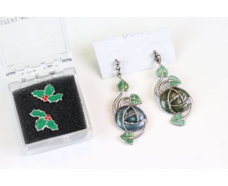 Pair of silver and enamel drop earrings in the manner of Mackintosh decorated with blue and green enamel in the form of roses