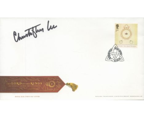 Christopher Lee, a signed Lord of the Rings FDC with Tolken stamp. In the trilogy, Christopher Lee played Saruman. Good condi