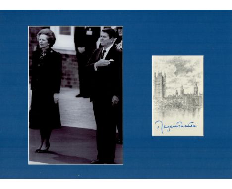 Margaret Thatcher matted signature piece featuring a black and white photo and a signed card with a House of Parliament drawi