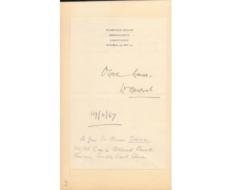 Military. Lieutenant-General Sir Oliver William Hargreaves Leese, 3rd Baronet, KCB, CBE, DSO Signed Worfield House Headed Pap