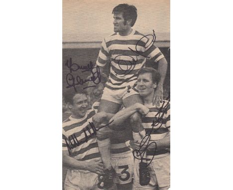 Football autographed Celtic Cutting: B, W, Depicting Bertie Auld Being Chaired By Team Mates Willie Wallace, Tommy Gemmell An