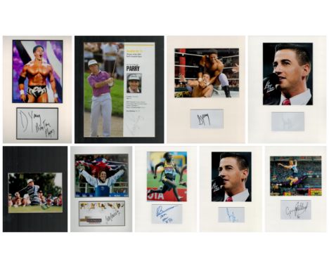 Sport. Collection of 9 Assorted Signed Mounts, Various sizes. Includes Justin Roberts (WWE) x2, Darren Young x2, David Gilfor