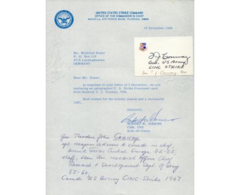 Military. 4 Star General Theodore John Conway Signed Signature Card.  United States Army four-star general who served as Comm