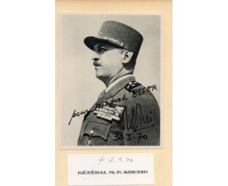 Military. French Army general Marie-Pierre Kœnig Signed 4 x 3 inch Vintage Black and White Photo. Dedicated. Good condition. 