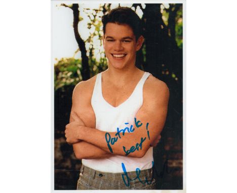 Matt Damon, a signed and dedicated 8x6 photo. An American actor, producer and screenwriter. He has appeared in over sixty fil