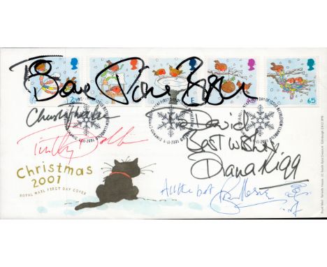 Tv and Film. Christopher Lee, Diana Rigg and 3 Others Signed Christmas 2001 Royal Mail First Day Cover. Stamps and 6-11-2001 