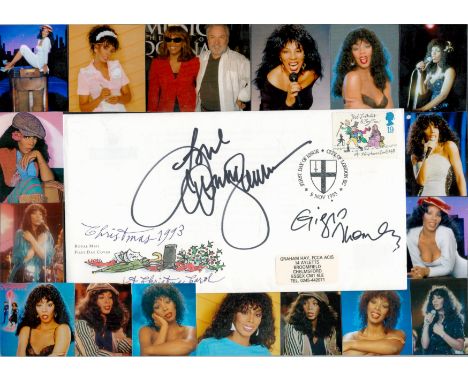 Music. Donna Summer and Giorgio Moroder Signed Christmas 1993 First Day Cover with Glossy Photos Attached to A4 Black Card. G