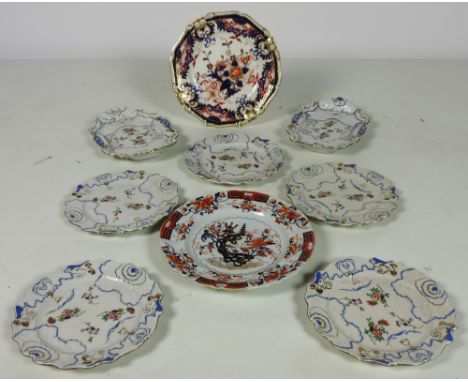 A good Bloor Derby red, blue and gilt Plate, a part ironstone floral decorated Dessert Service, five plates and two oval Dish