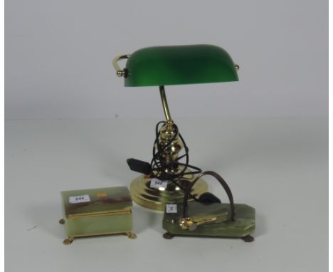 A brass Desk Lamp, with green glass shade, and a four piece onyx Desk Set. (5)