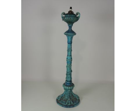 A Victorian large blue ground Burmantofts Faience Standard Lamp, the two handle bowl with light fitting, over a large decorat