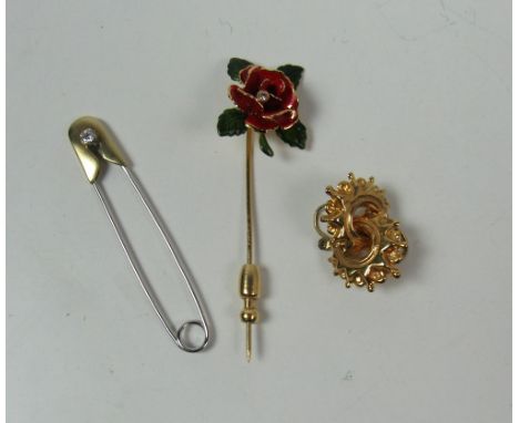 A pair of 9ct gold Earrings; a 14ct gold Pin with enamel decoration, in the shape of a flower head and with small diamond ins