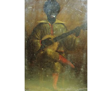 19th Century American School

Portrait of Young Black Musician in chequered costume and with red stockings, seated, playing a