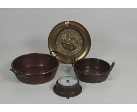 Two heavy antique copper Preserving Pans, a circular brass Wall Barometer, and a circular brass Wall Plaque. (4)

Provenance:
