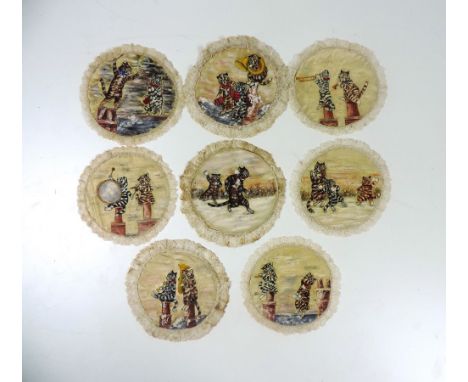 After Louis Wain

A delightful set of 6 attractive hand painted silk doilies "The Cat Orchestra," each with lace frill border