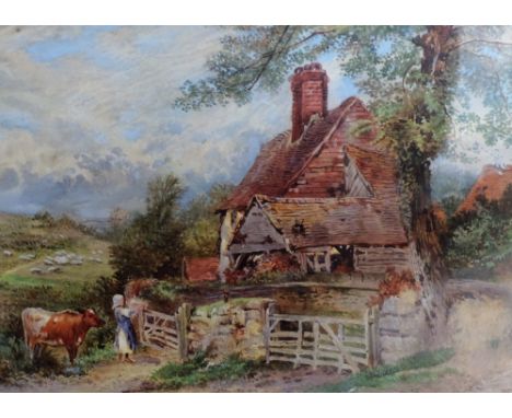 After Birket Foster

Watercolour: "English Country Scene with Girl and Cow by a Gate in front of large Cottage," 22cms x 30cm