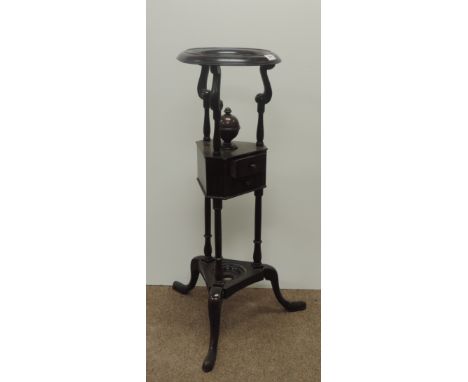 A Georgian style mahogany Wig Stand, with two small frieze drawers on tripod stand. (1)