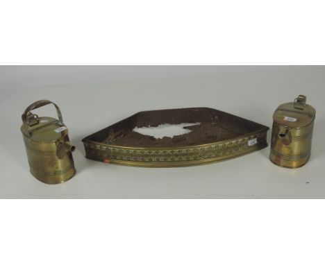 A pair of late 19th Century / early 20th Century brass Army & Navy Water Cans, and a 19th Century bow fronted Ash Pan with de