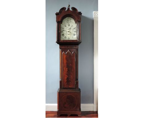 A very fine early 19th Century inlaid mahogany Longcase Clock, the swan neck pediment over an engraved large silver plated di