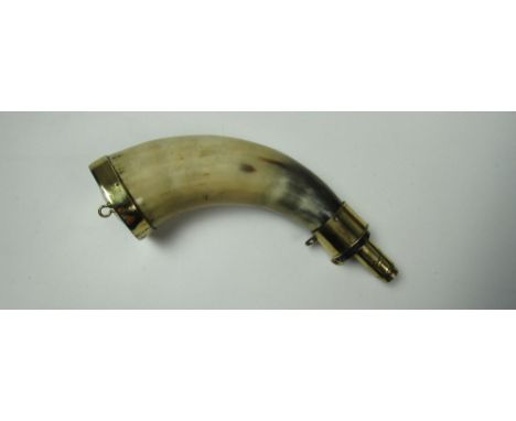 A good quality brass and horn Powder Flask, c. 1840, 20cms, (8") long. (1)