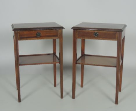 A pair of small Edwardian style inlaid mahogany Bedside Lamp Tables, each with frieze drawer and shelf. (2)