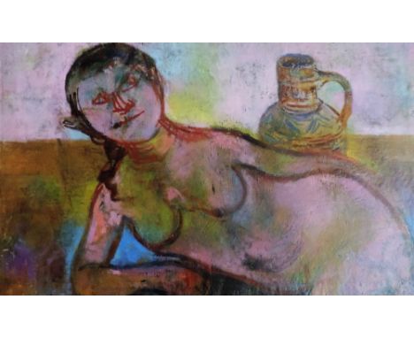 Stella Steyn (1907 - 1987)

"Nude with Pitcher," O.O.C., inscribed on reverse "EFS53" dated probably 1953, approx. 46cms x 72