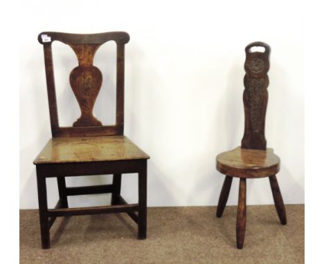 A good old Country oak Side Chair, with plain splat back and solid seat and a carved high back three legged Stool. (2)