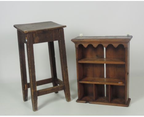 A small antique pine three shelf Wall Bracket, and an old oak and pine High Stool. (2)