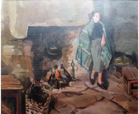 R. Taylor Carson, H.R.U., 1919 - 2008

"West of Ireland Cottage Interior Scene, with Colleen in plaid shawl standing by an Op