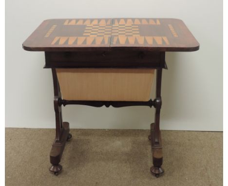 An attractive early 19th Century mahogany Games and Work Table, the folding top opening to reveal an inlaid chess and backgam