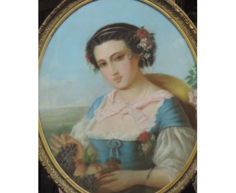 19th Century French School

Pastel: A large half length Portrait of Young Girl in blue dress, and holding a variety of fruit,