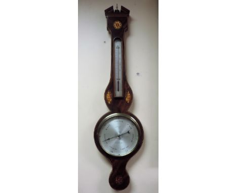 A good 19th Century inlaid mahogany Banjo Barometer, with silver plated thermometer, and large circular dial, signed S. Lalli
