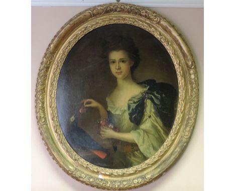 18th Century English School

An attractive oval Portrait, "Young Lady in low-cut white and blue velvet dress, feeding grapes 