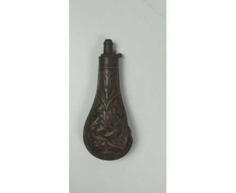 A good embossed copper Powder Flask, with stag and deer head decoration. (1)
