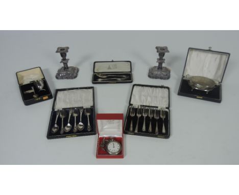 A cased Birmingham silver Butter Dish, with glass liner; set of 6 cased silver Pastry Forks; a cased Irish silver Fork & Spoo