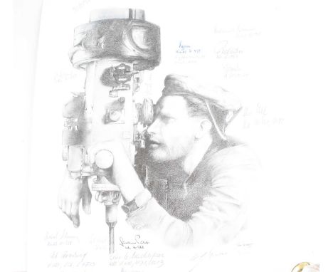 Page Herbert, a poster print depicting a German U-boat submariner at the periscope, signed by various U-boat Captains and Kni