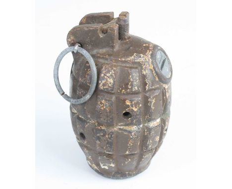 A deactivated Mills No. 5 Mk I hand grenade, the base plug stamped 10/5 Hinks Birmingham.