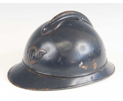 A French M15 Adrian pattern helmet, in blue finish with Light Infantry bugle badge, brown leather lining and chin strap.