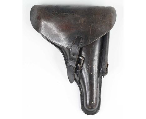 A German dark brown leather luger holster, the top flap with strap and buckle fastening with side mounted magazine pouch and 