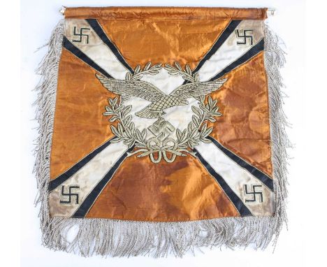 A German Third Reich Luftwaffe vehicle pennant, the square single sided pennant in brown silk with central gold bullion Luftw
