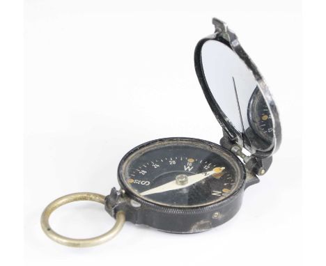 A German black lacquered marching compass, the hinged cover marked Busch 95986 D.R.G.M. 9cm. (including suspension ring)PLEAS