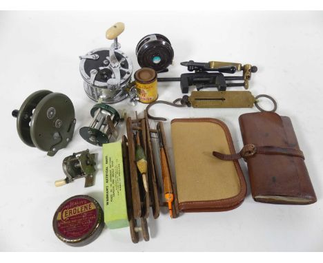 An Edwardian tooled leather fly wallet together with miscellaneous fishing items to include Hardy's Cerolene, Kalium fishing 