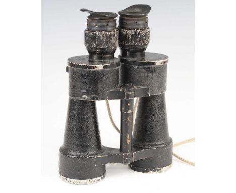 A pair of German Third Reich Kriegsmarine U-Boat binoculars, the body with crackle finish, the right turret marked 2160980 bl