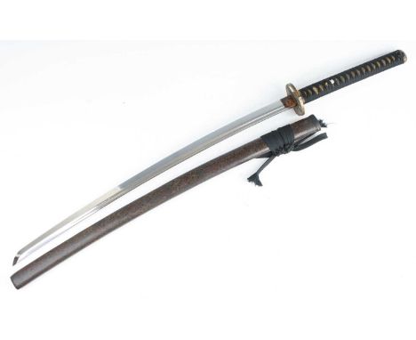 A Japanese Katana, the 72cm curved steel blade with undulating hamon, having a copper habaki, habaki, the pierced bronze tsub